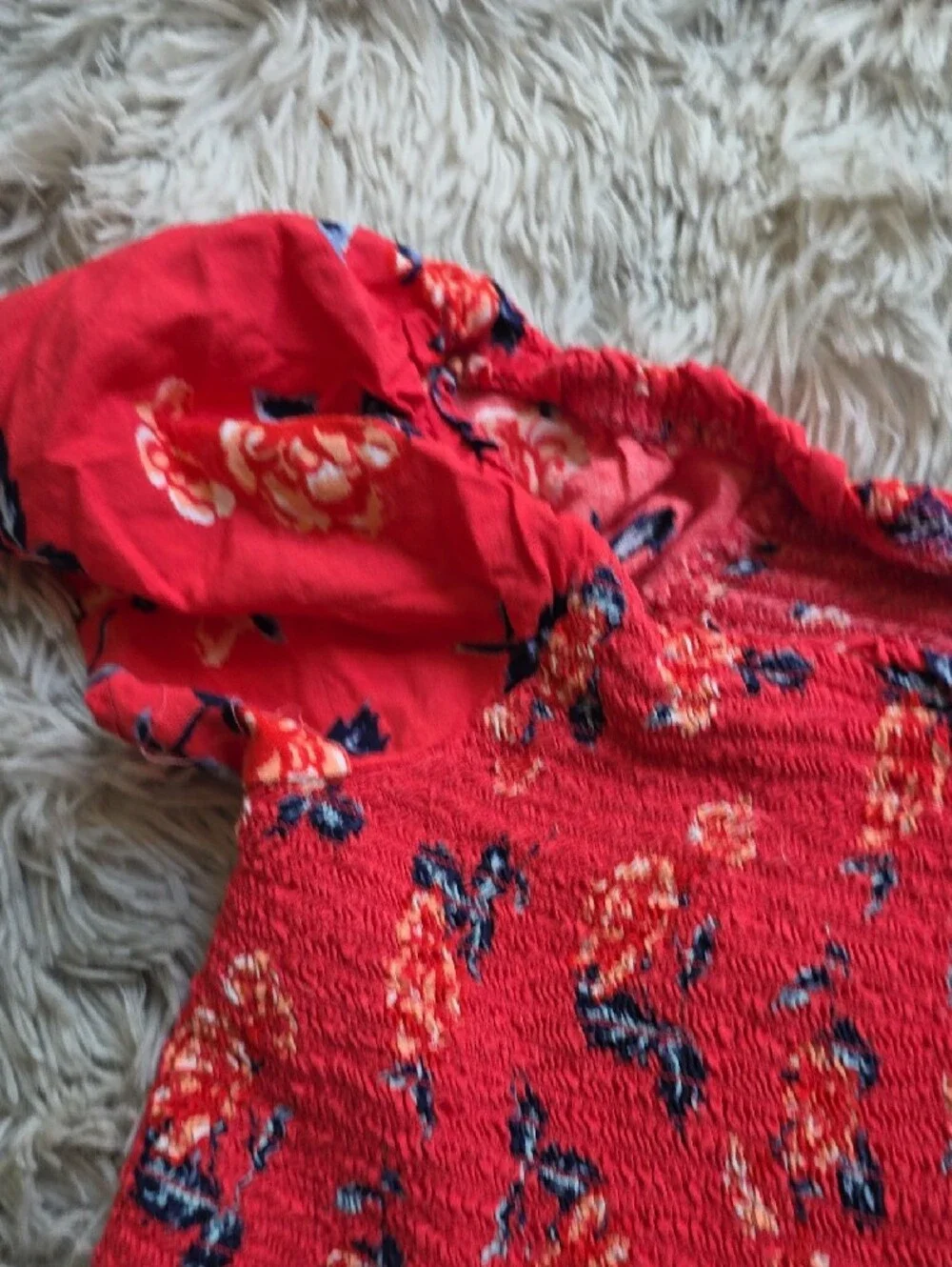 Justice Red Floral Smocked Top with Navy Accents